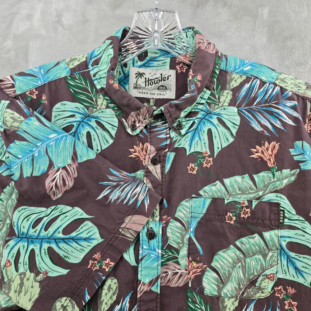 Howler Bros Shirt Mens XL Brown Tropical Monstera Leaf Short Sleeve Button Down